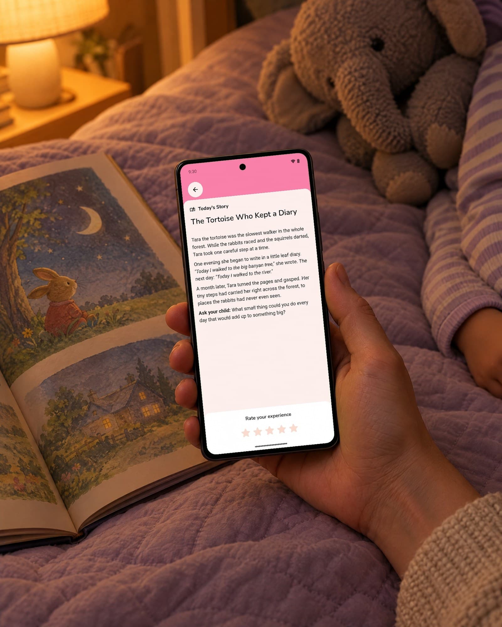A child's bed at night under a warm lamp: beside an open picture book and a toy elephant, a parent's hand holds a phone showing Today's Story, The Tortoise Who Kept a Diary