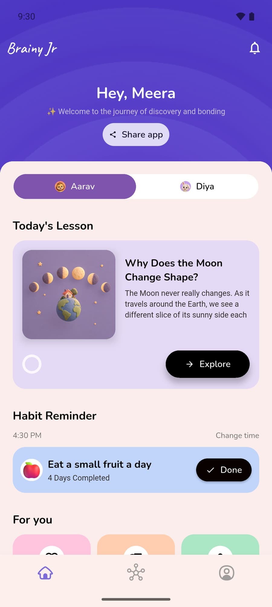 Brainy Junior's home for Aarav, his lion cub mascot on his tab: today's lesson, Why Does the Moon Change Shape?, and his habit reminder for 4:30 PM