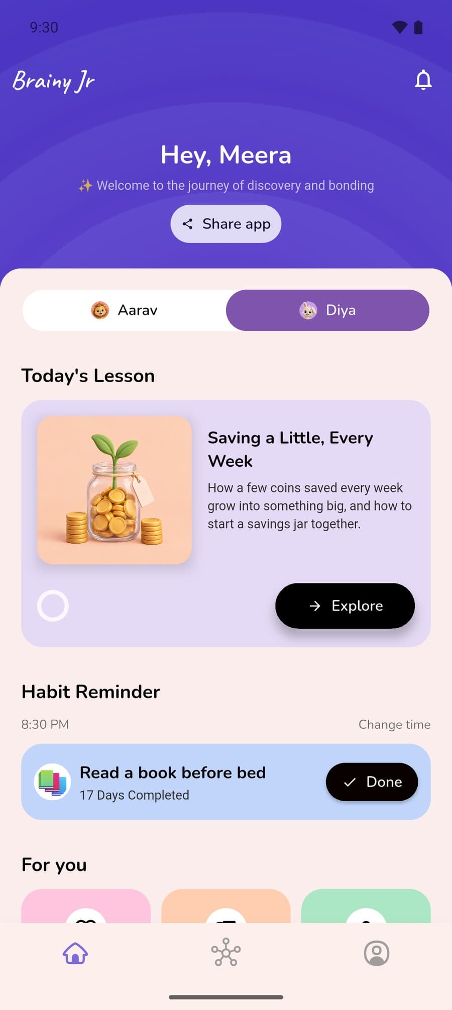 The same home on Diya's tab, her bunny mascot beside her name: her lesson for today, Saving a Little, Every Week, with a jar of coins and a sprout, and her habit, Read a book before bed, 17 days completed