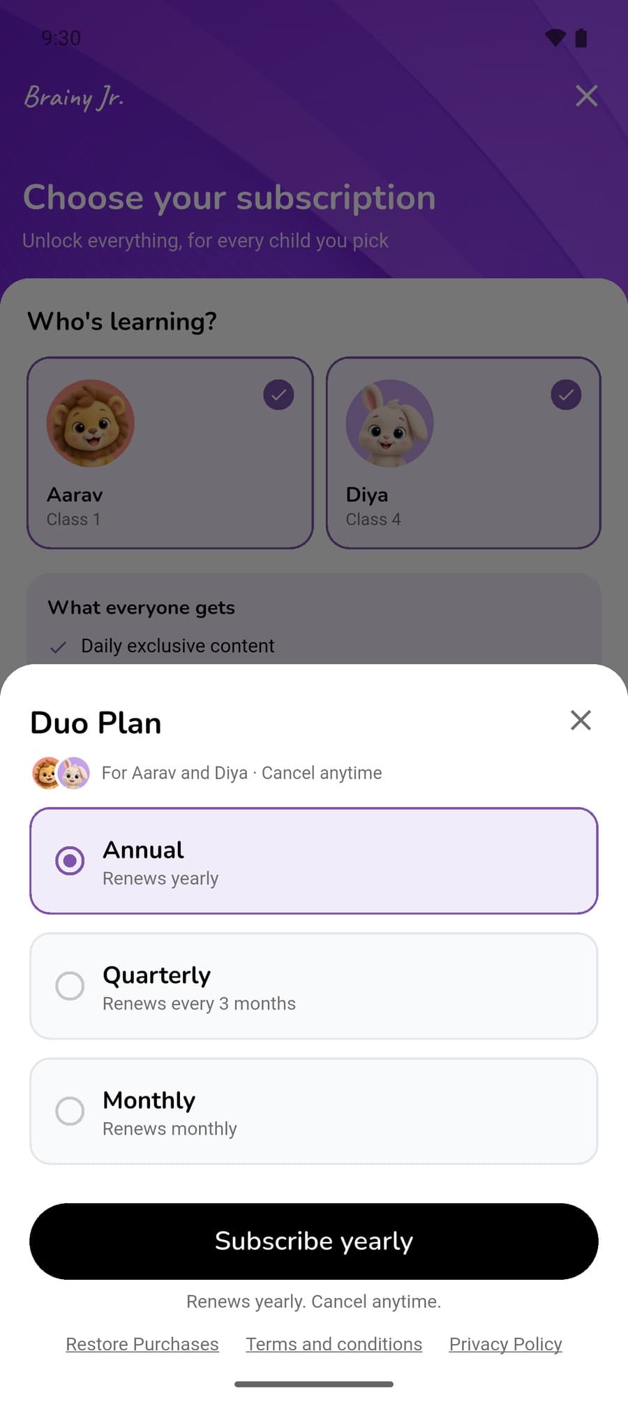 The Duo Plan sheet for Aarav and Diya: Annual, Quarterly or Monthly, Subscribe yearly, Renews yearly, cancel anytime, with Restore Purchases, Terms and conditions and Privacy Policy below