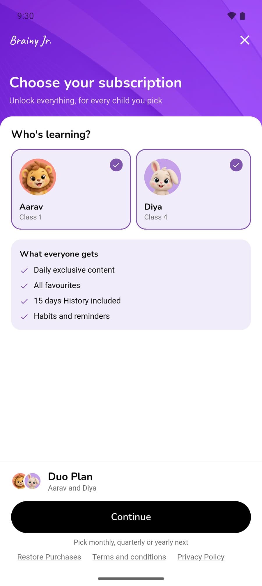 Choose your subscription. Who's learning? Aarav's lion and Diya's bunny, both ticked. What everyone gets, then Duo Plan, Aarav and Diya, and Continue