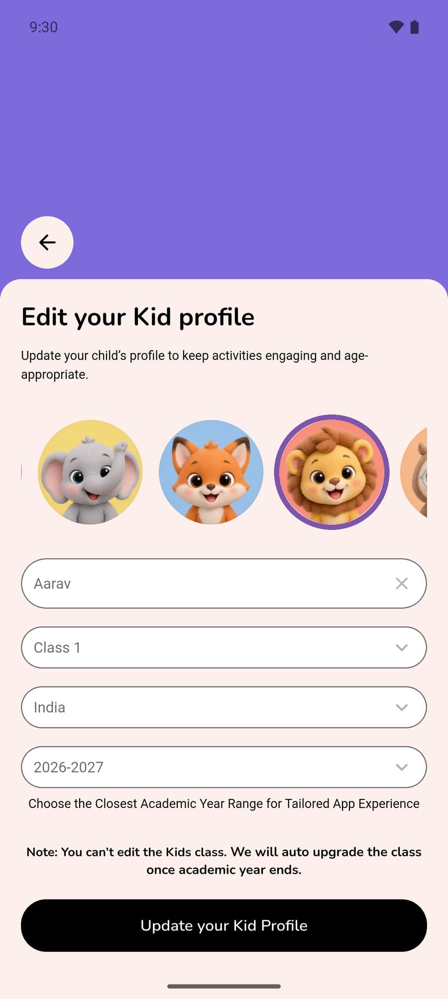 Edit your Kid profile for Aarav: a row of round mascot pictures, an elephant, a fox and the lion cub he has picked, ringed in purple, above his name, class, country and academic year