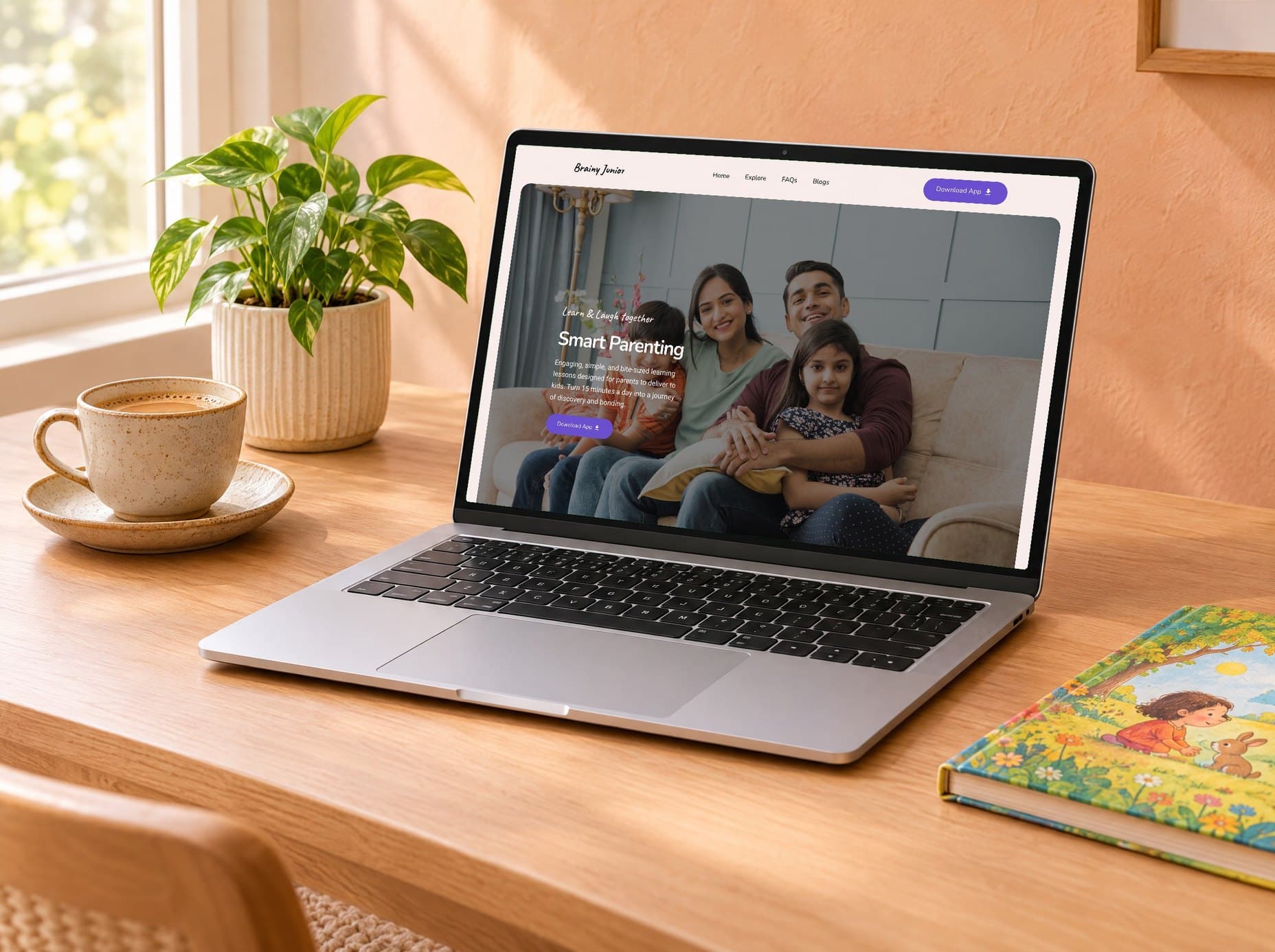 A silver laptop on a light oak desk by a sunny window, a cup of chai, a potted plant and a picture book beside it. On screen, brainyjunior.com: Learn and Laugh together, Smart Parenting, with a family on a sofa and the Download App button