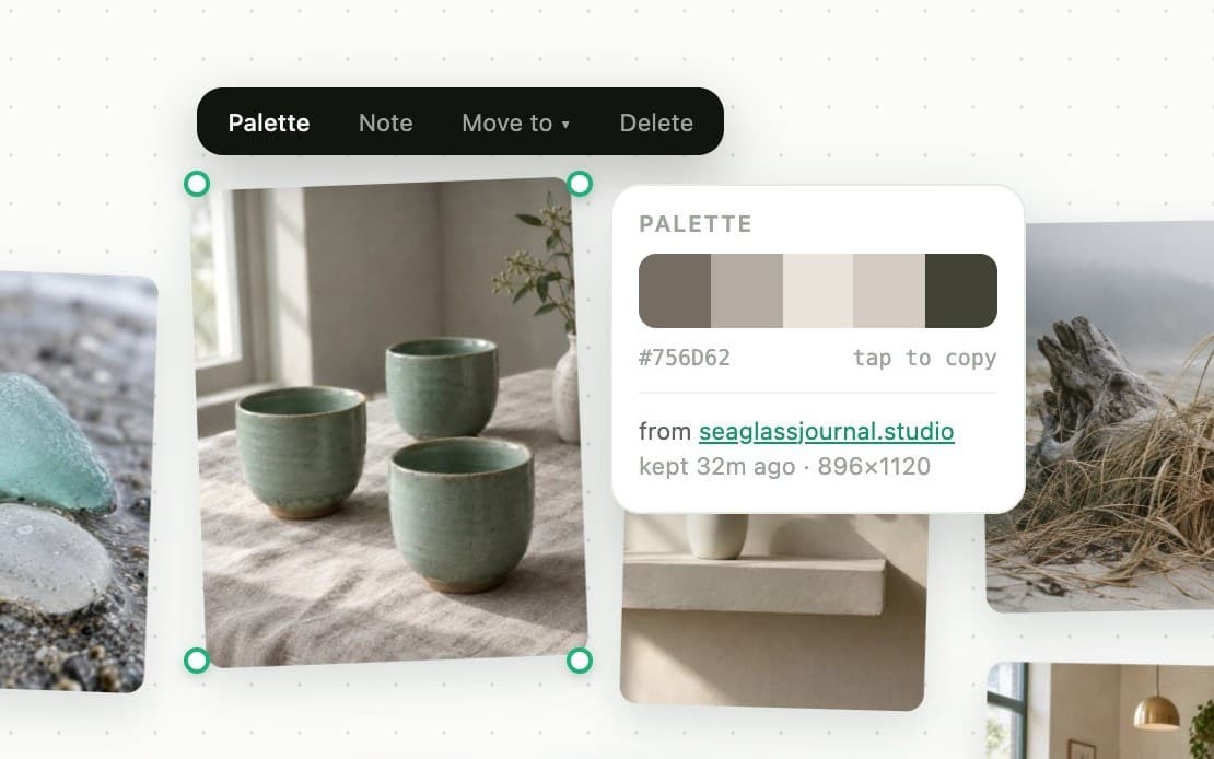 A selected tile of three celadon cups, with its toolbar (Palette, Note, Move to, Delete) and a palette card: five swatches, #756D62, tap to copy, from seaglassjournal.studio, kept 32 minutes ago, 896 by 1120