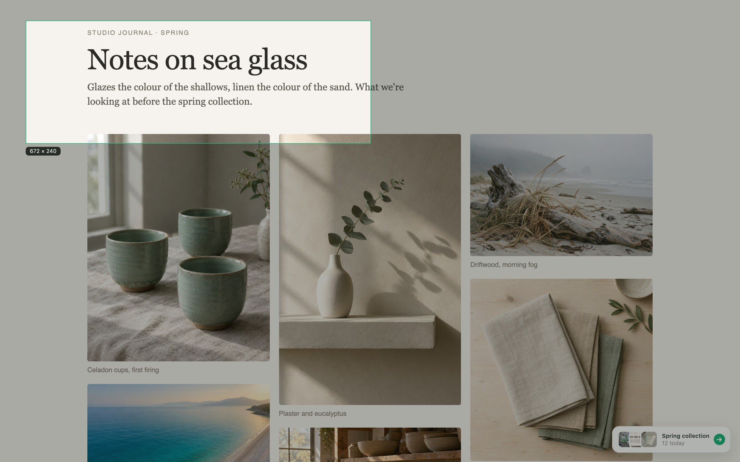 A region shot in progress: the page dims and a box is drawn around the article title, its size, 672 by 240, shown live