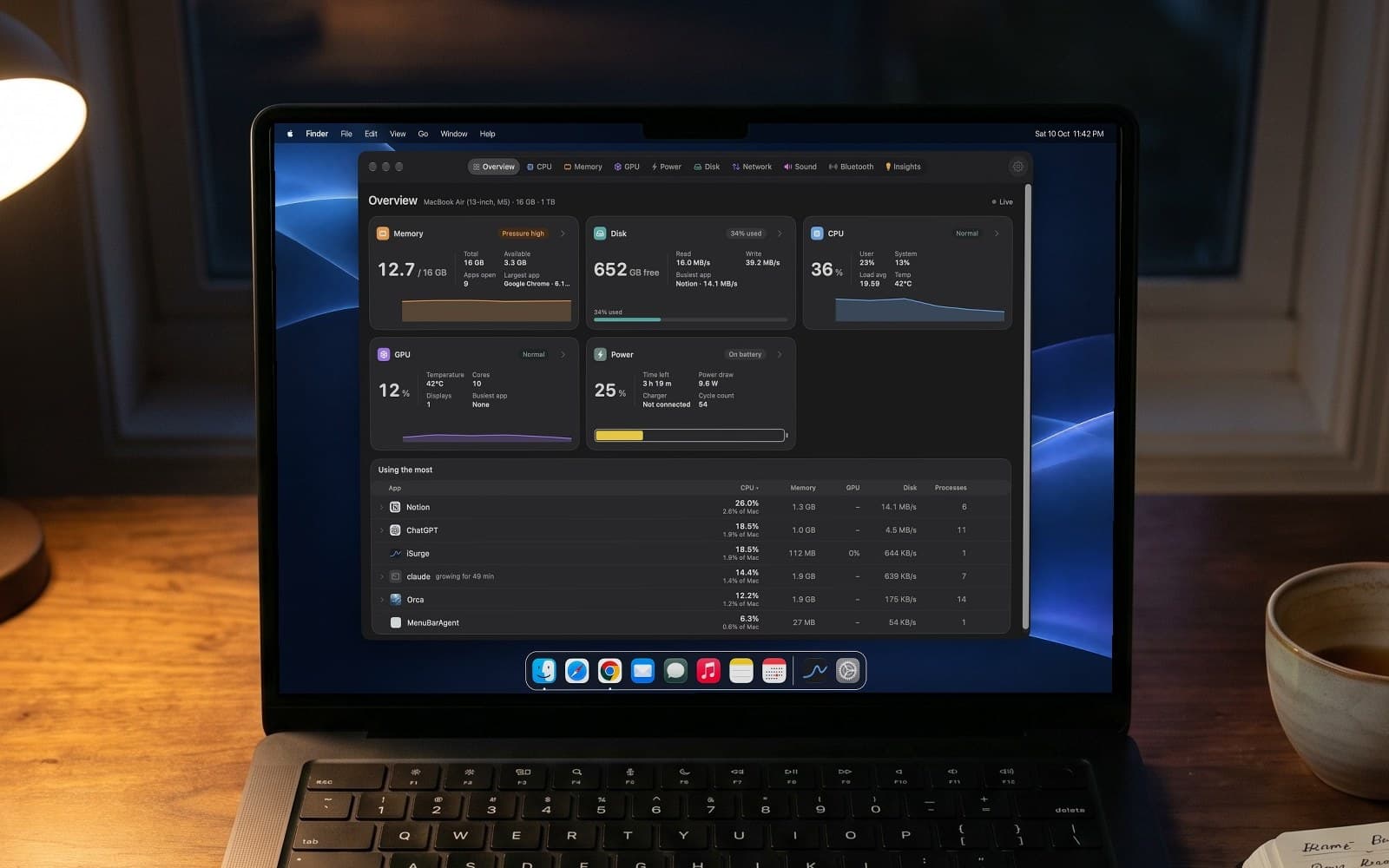 Late evening at a walnut desk under a lamp, a cup of tea beside a MacBook. On a deep-blue ribbon wallpaper, iSurge's Overview is open in the middle of the screen, memory marked Pressure high and Google Chrome the largest app, with a Dock below that holds the iSurge icon.