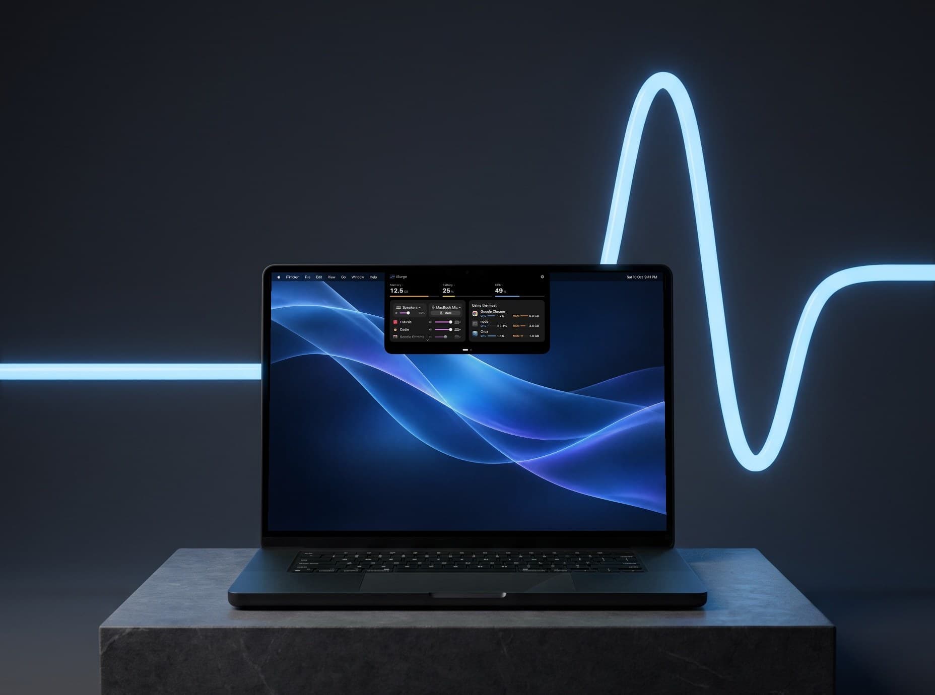 A MacBook on a block of graphite stone in a dark studio, a sky-blue neon line rising into one peak behind it. On screen, over a deep-blue ribbon wallpaper, iSurge has opened from the notch: memory, battery and CPU, Music playing in the sound card, and the apps using the most.