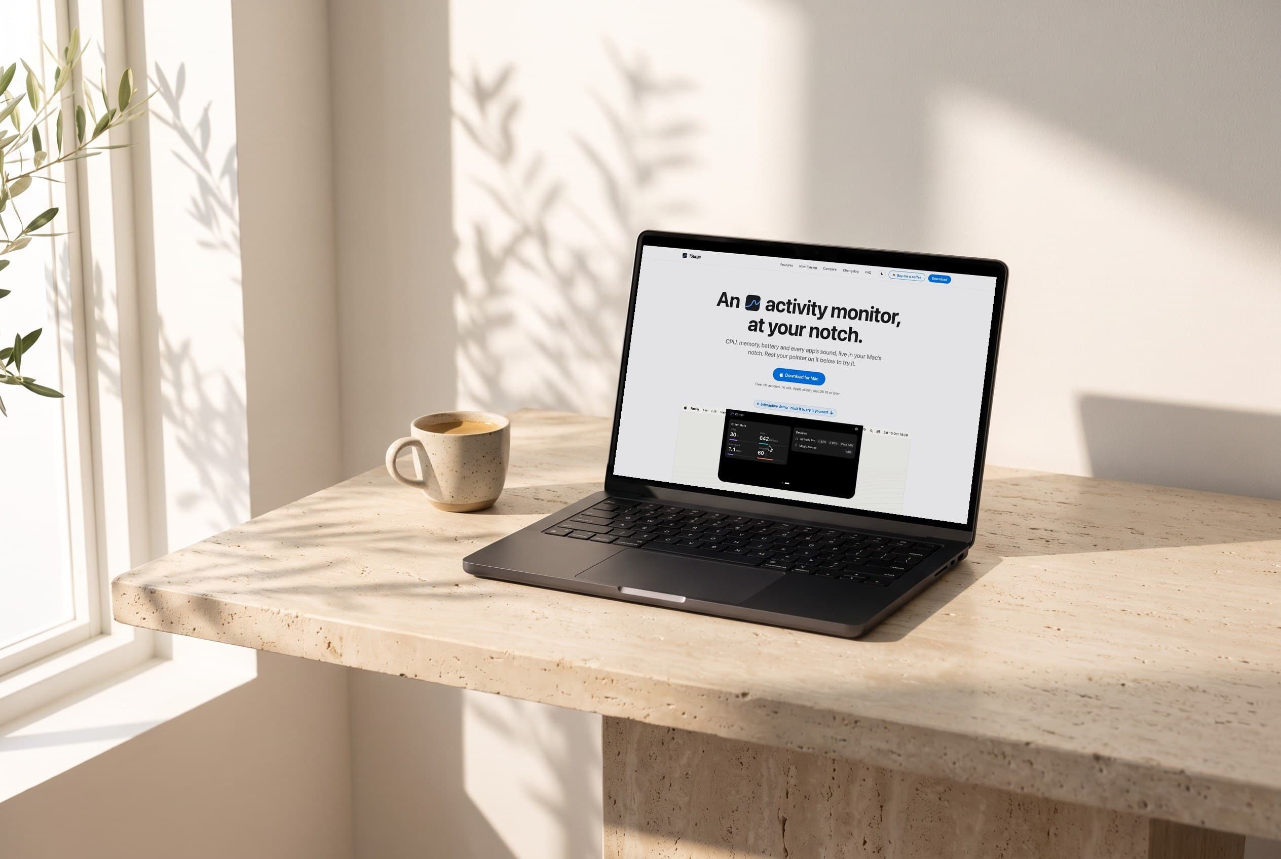 A MacBook on a pale travertine desk in a sunlit room, olive-leaf shadows on the wall and a cup of coffee beside it. On screen, Safari is in full screen with isurgemac.com: An activity monitor, at your notch, the Download for Mac button, and the site's own notch demo below.