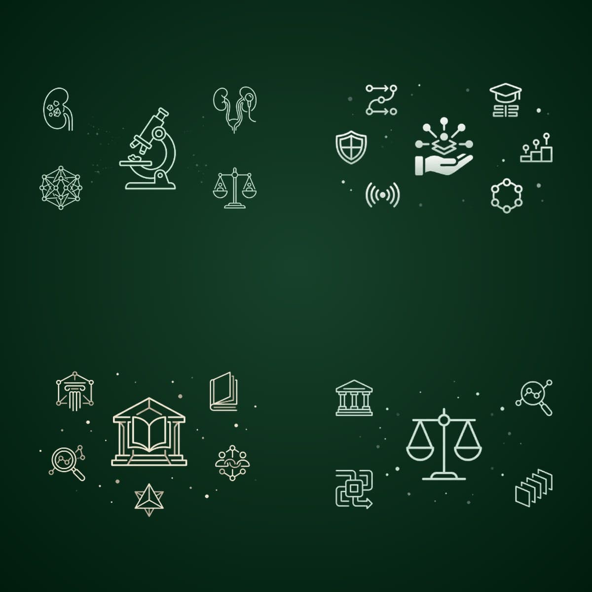 The site's line icons for research, leadership, teaching and equity, drawn in cream on deep green