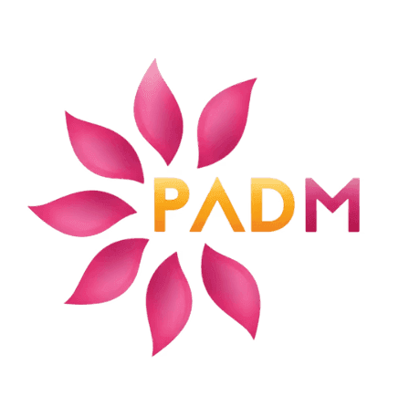 The refreshed PADM logo: eight pink lotus petals fanned in a half circle, PAD in gold and M in pink