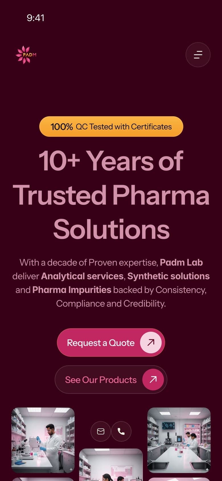 Padm's homepage on a phone: 10+ Years of Trusted Pharma Solutions