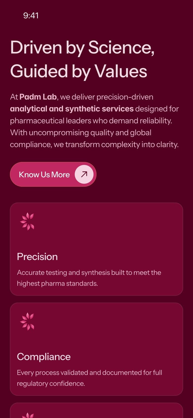 Padm's homepage on a phone: Driven by Science, Guided by Values