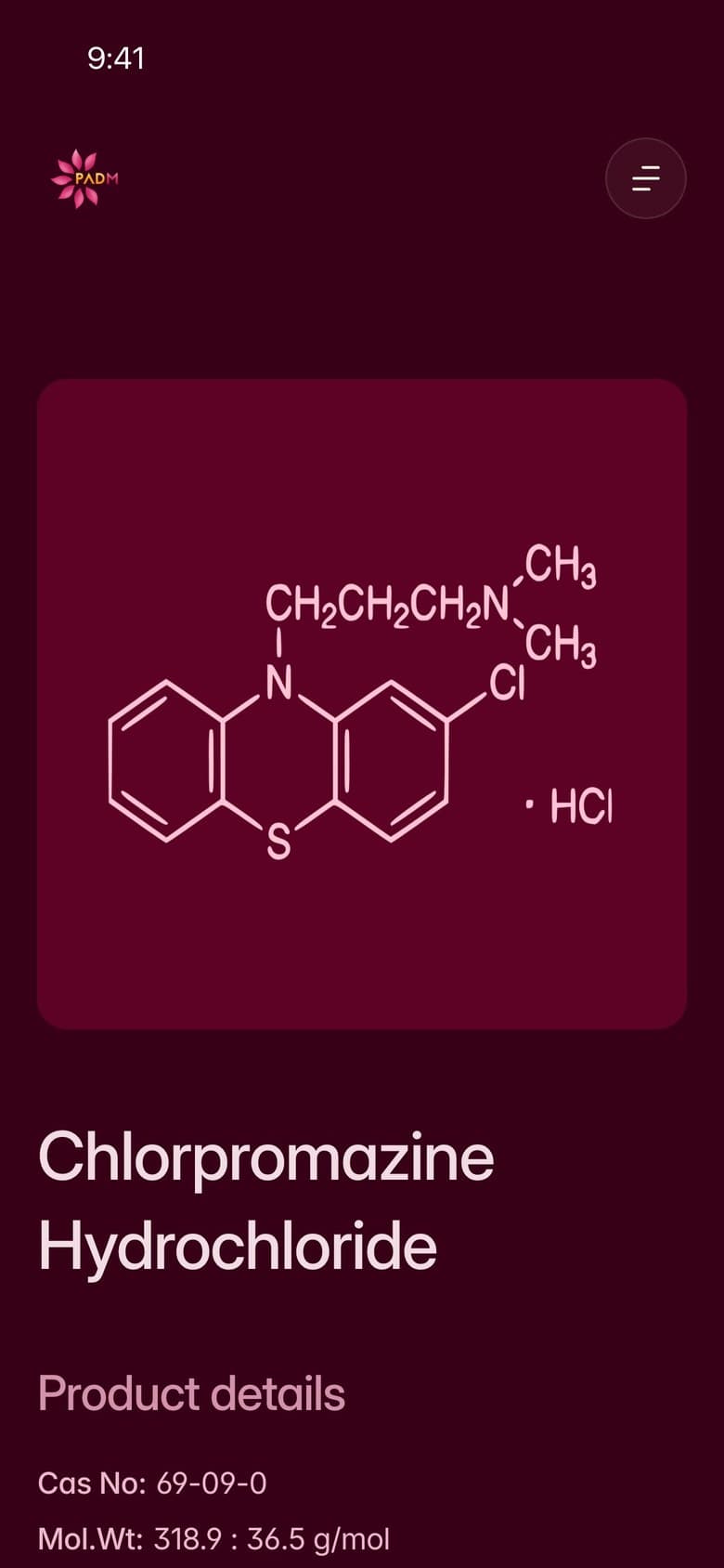 A product page on a phone: Chlorpromazine Hydrochloride, its structure, CAS number and formula