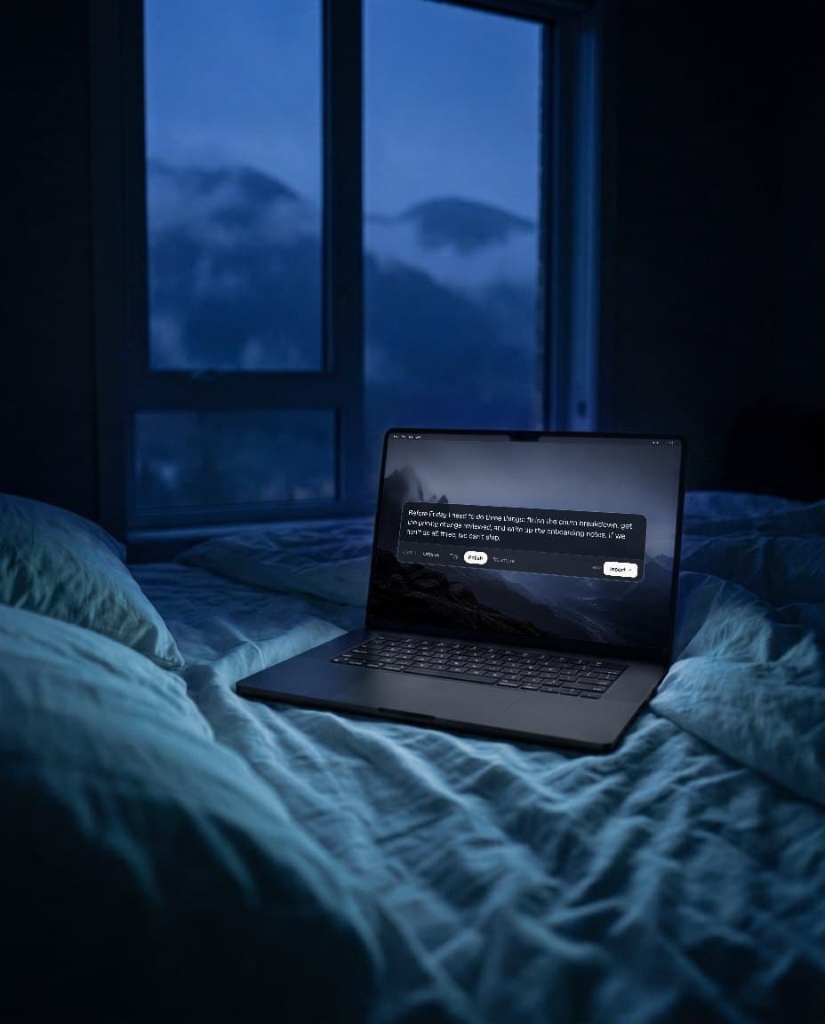 A Space Black MacBook glowing on a bed at night, the panel on screen