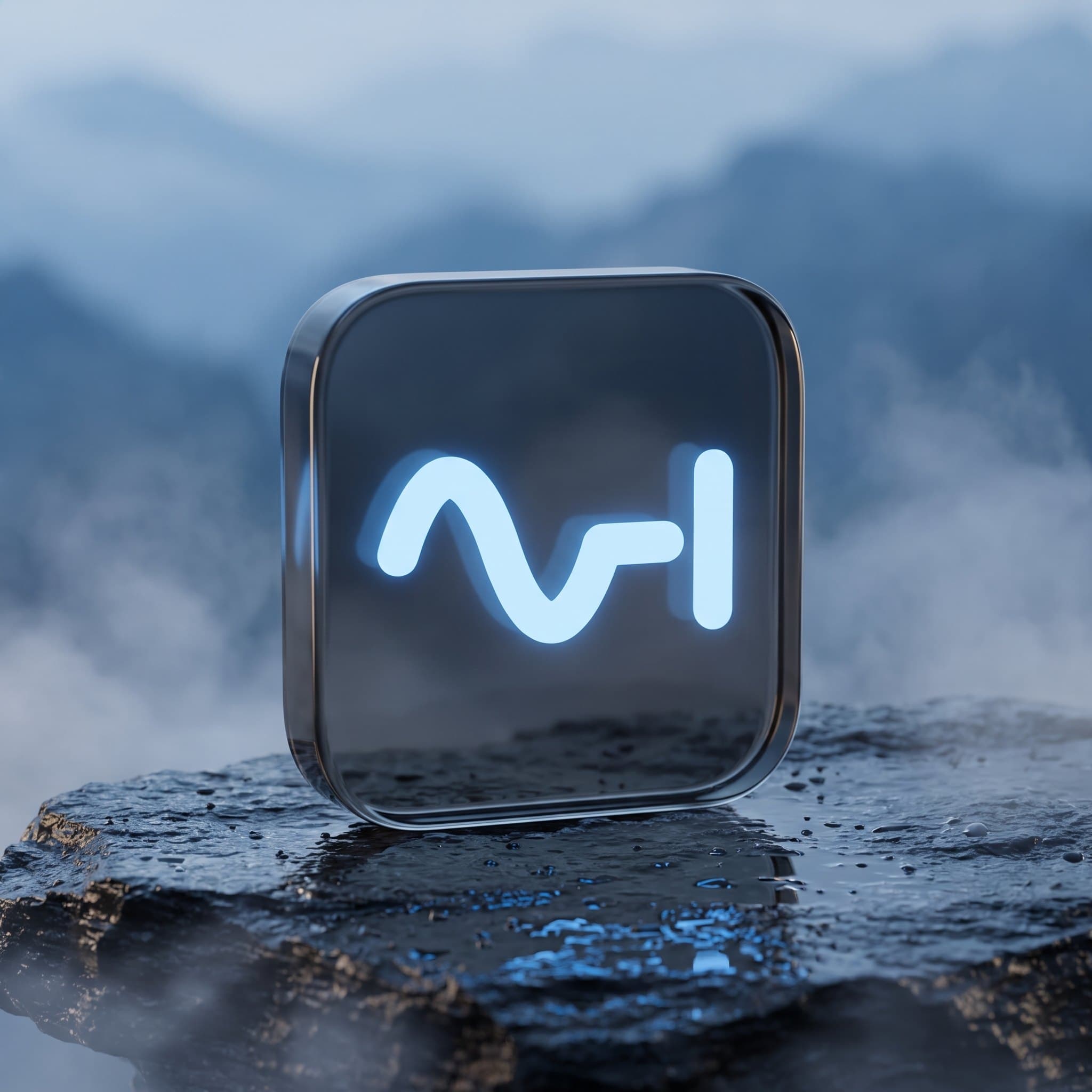 The app icon as a block of smoked glass on wet slate