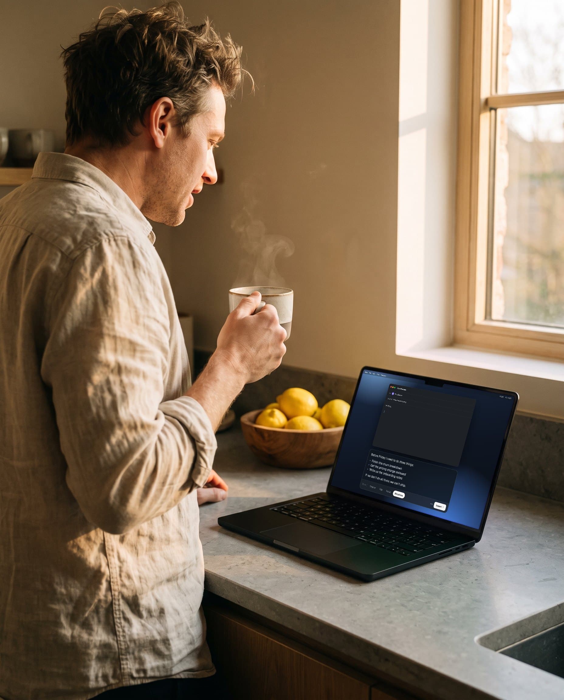 A man at a kitchen counter at sunrise talking to his MacBook, the Structure version on screen