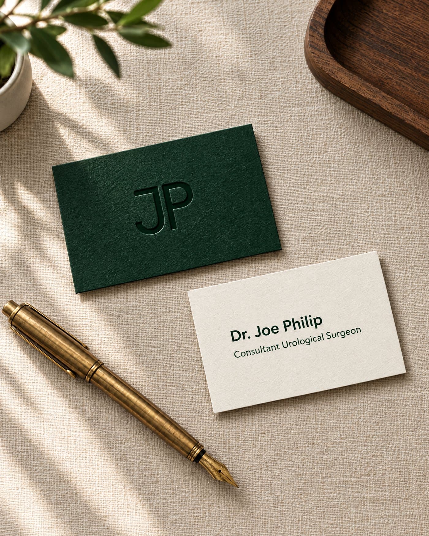 A deep green card with the JP monogram debossed, beside a cream card reading Dr. Joe Philip, Consultant Urological Surgeon