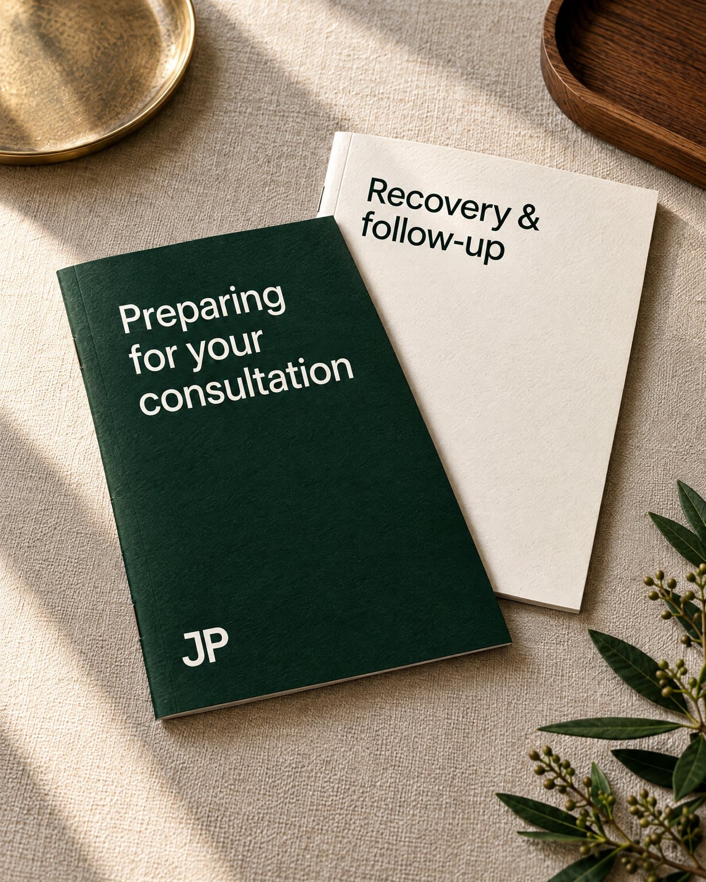 Two patient guides: Preparing for your consultation, in deep green, and Recovery and follow-up, in cream