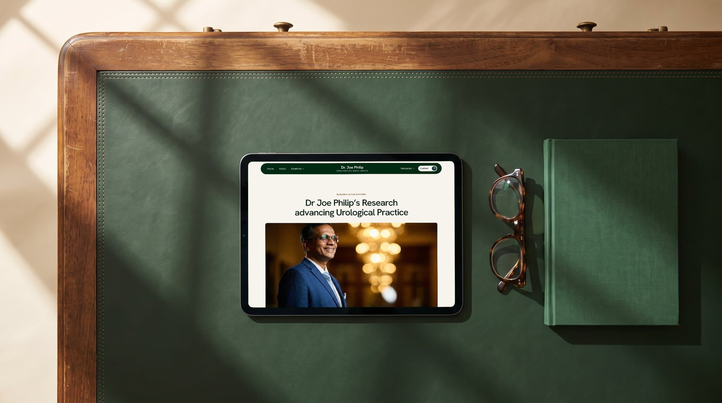 Seen from above: an iPad Pro lying straight on a green leather desk pad, Joe Philip's research page on screen, reading glasses and a green notebook beside it