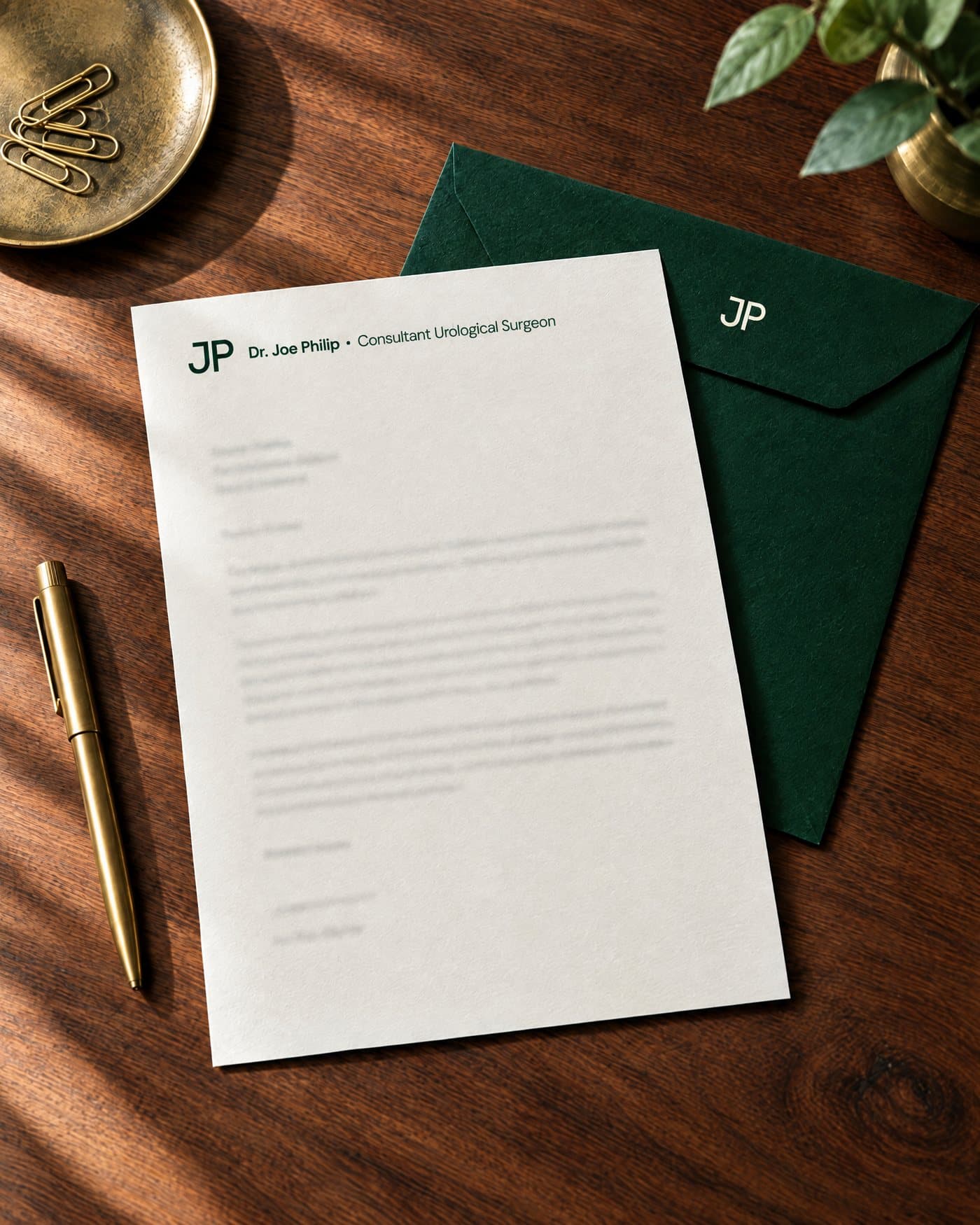 A cream letterhead with the JP monogram and a deep green envelope on a walnut desk