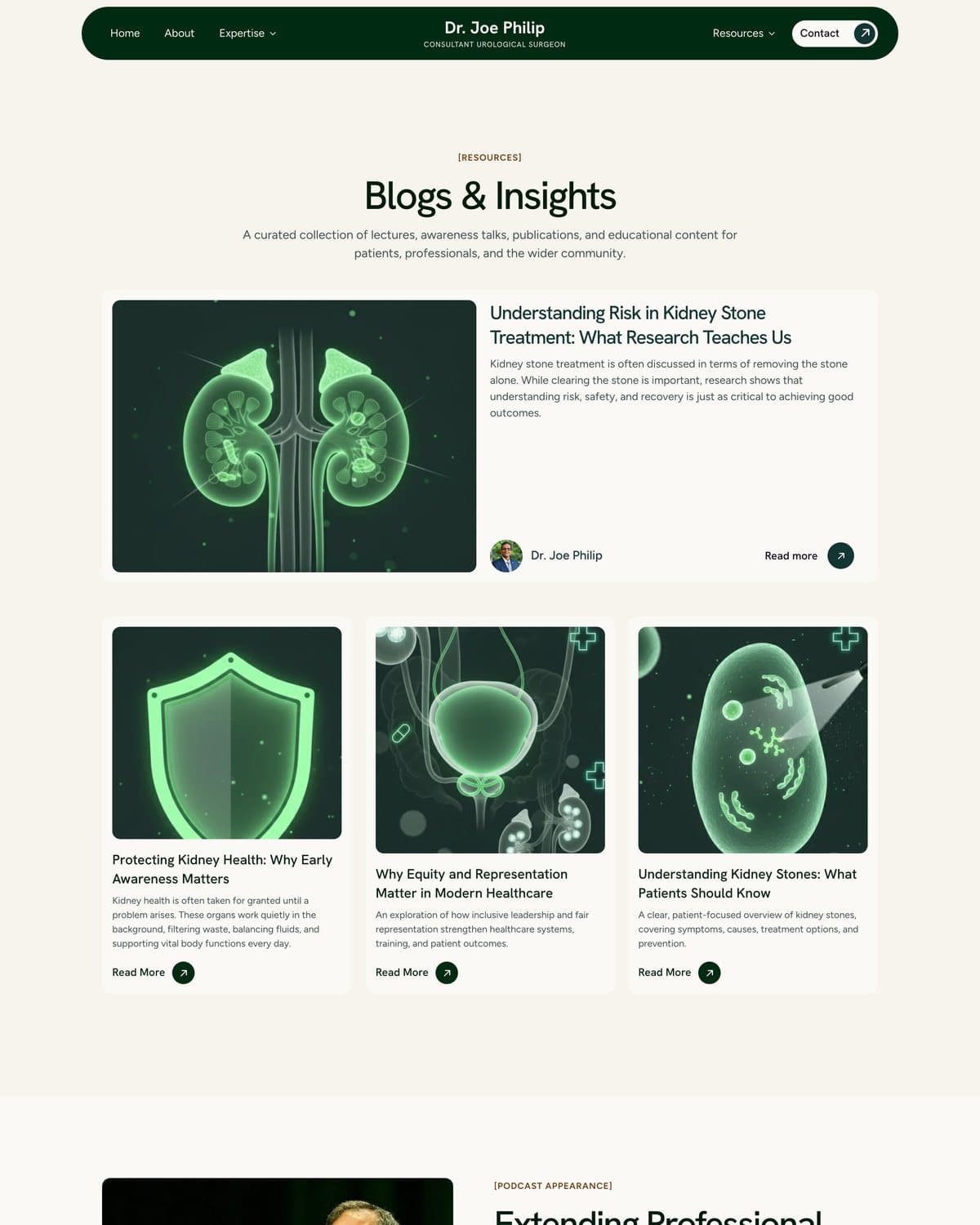 The blogs and insights page, with kidney health articles