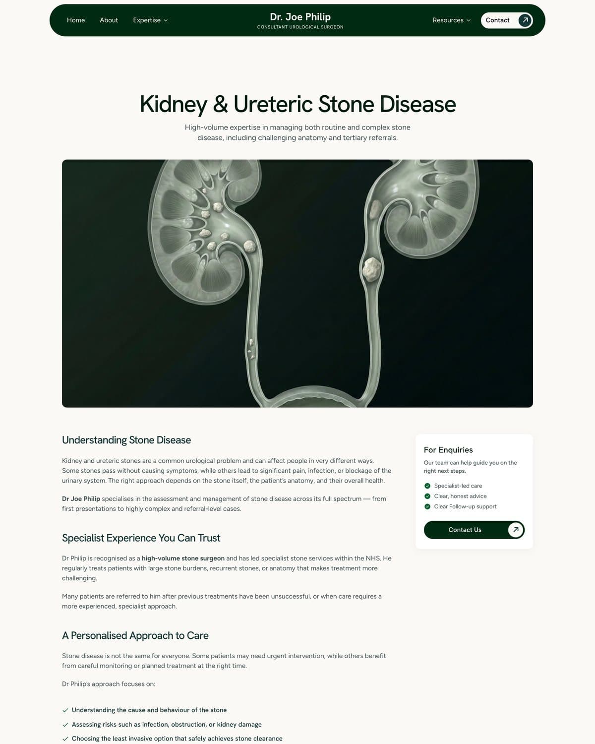 The kidney and ureteric stone disease page, an enquiry card beside every section