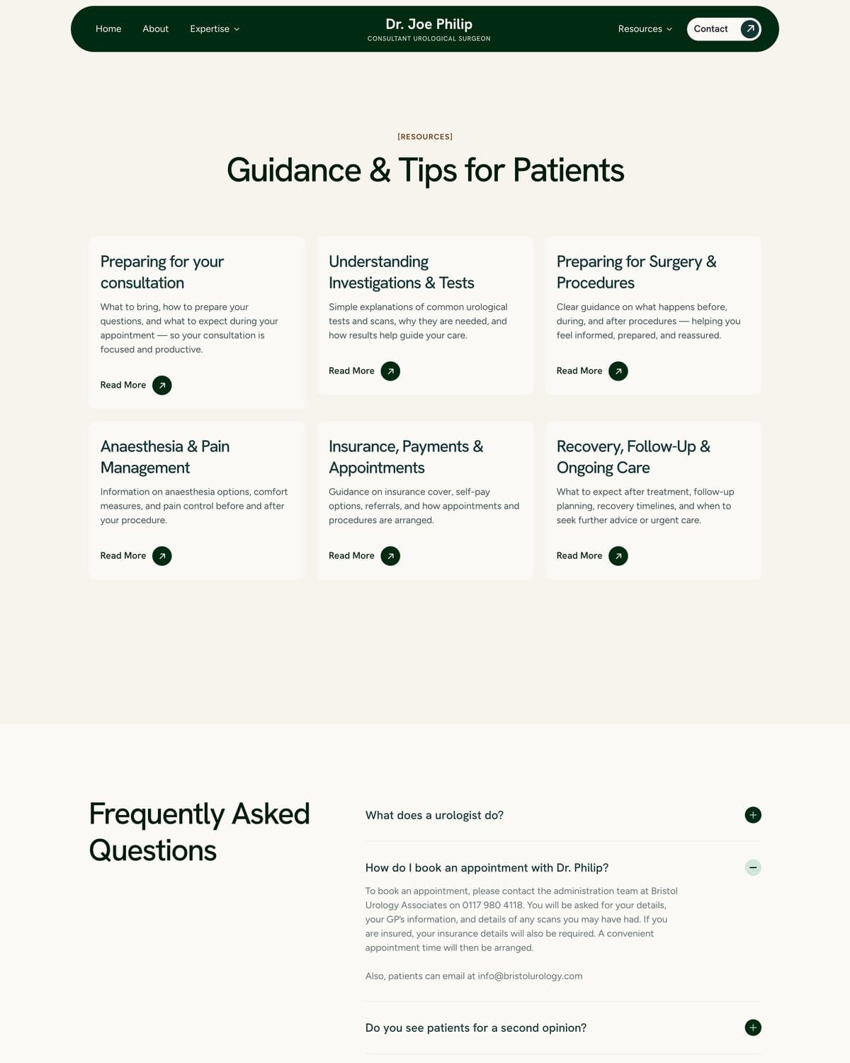 The guidance and tips page: six guides for patients, then the questions people ask before they book