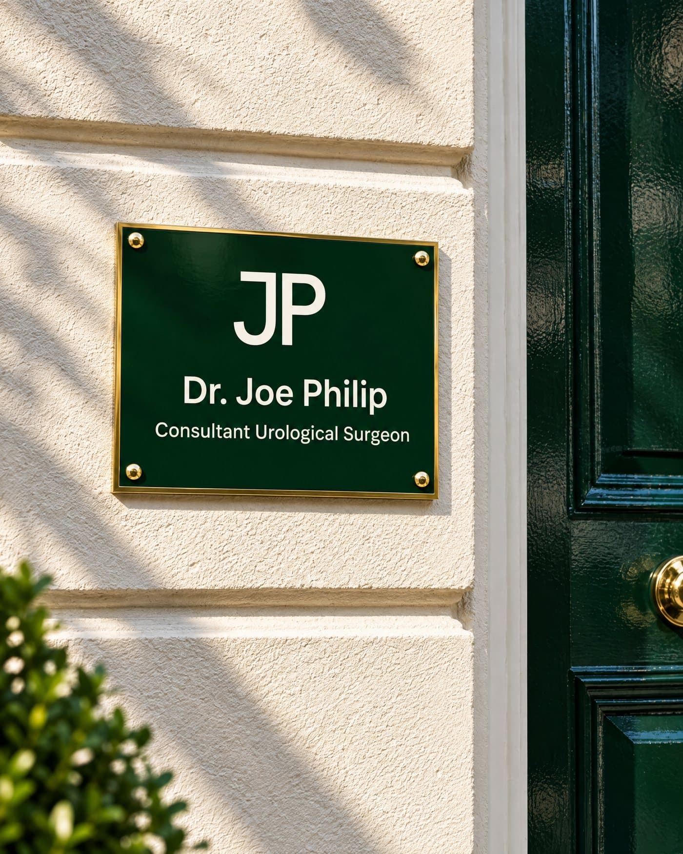 A deep green enamel plaque with a brass border on a cream stone wall, reading JP, Dr. Joe Philip, Consultant Urological Surgeon