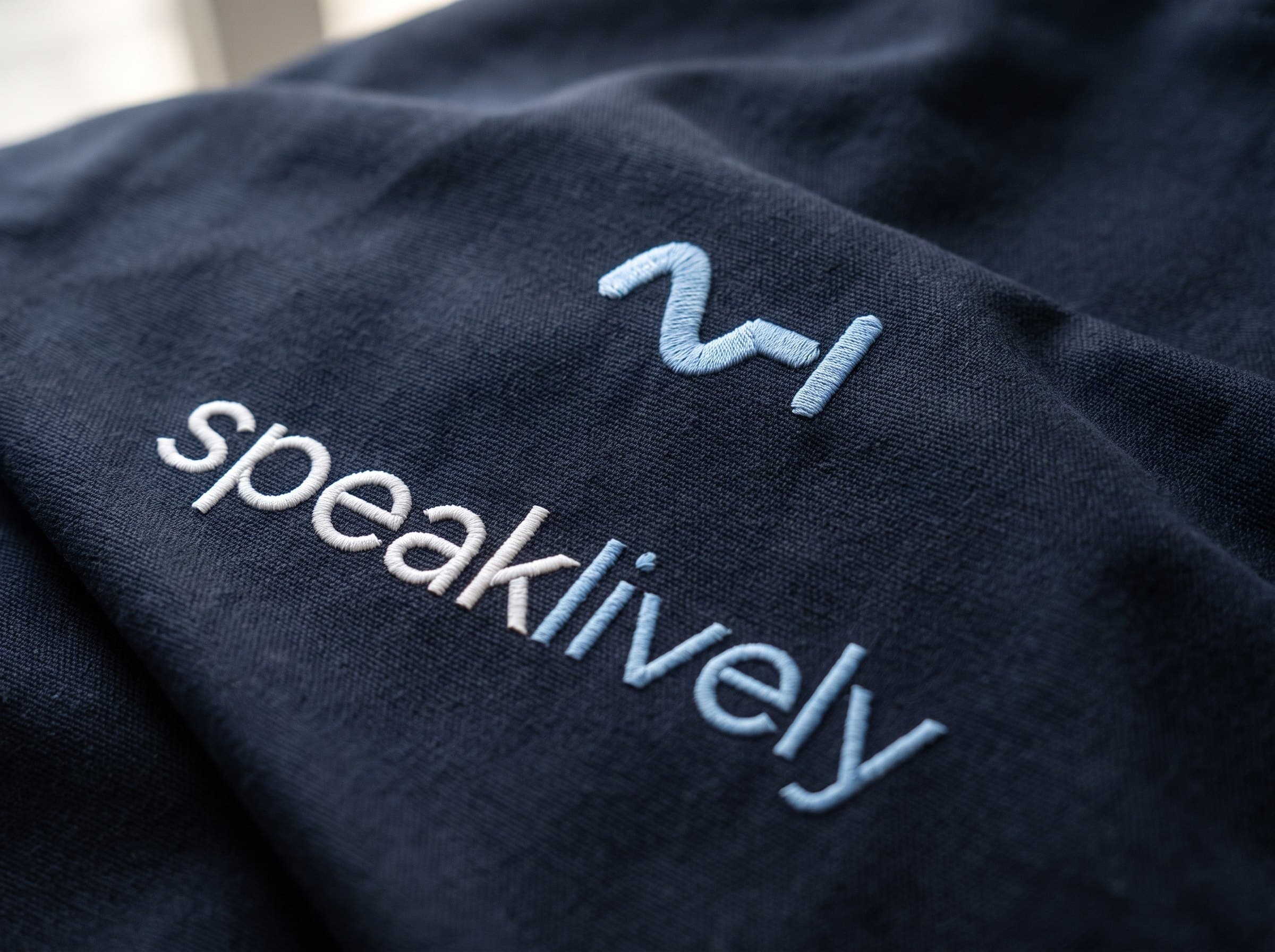 The mark and wordmark embroidered in sky blue on navy canvas