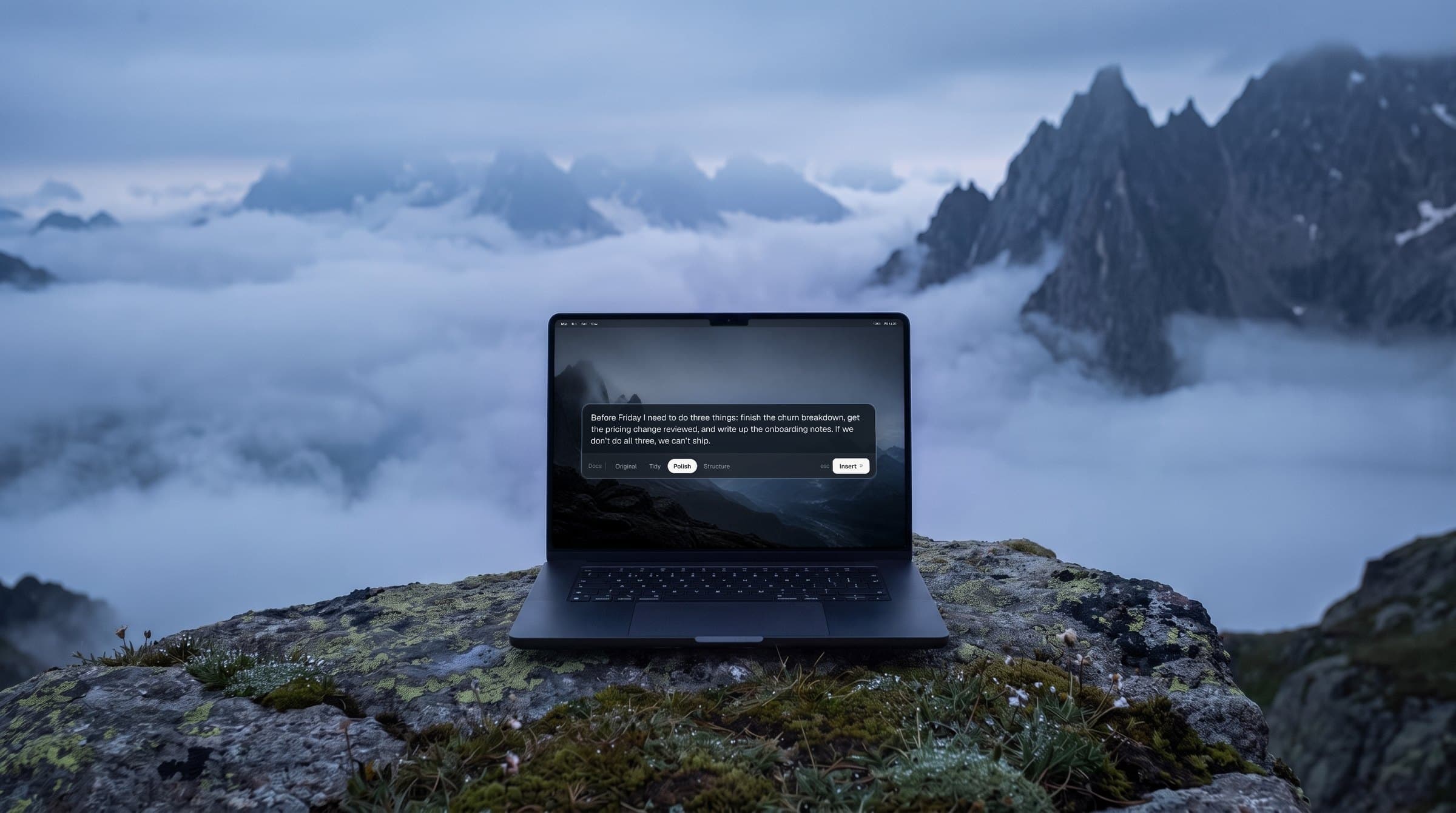 A Space Black MacBook Pro on a mossy rock above a sea of cloud at blue hour, Speaklively's review panel on its screen