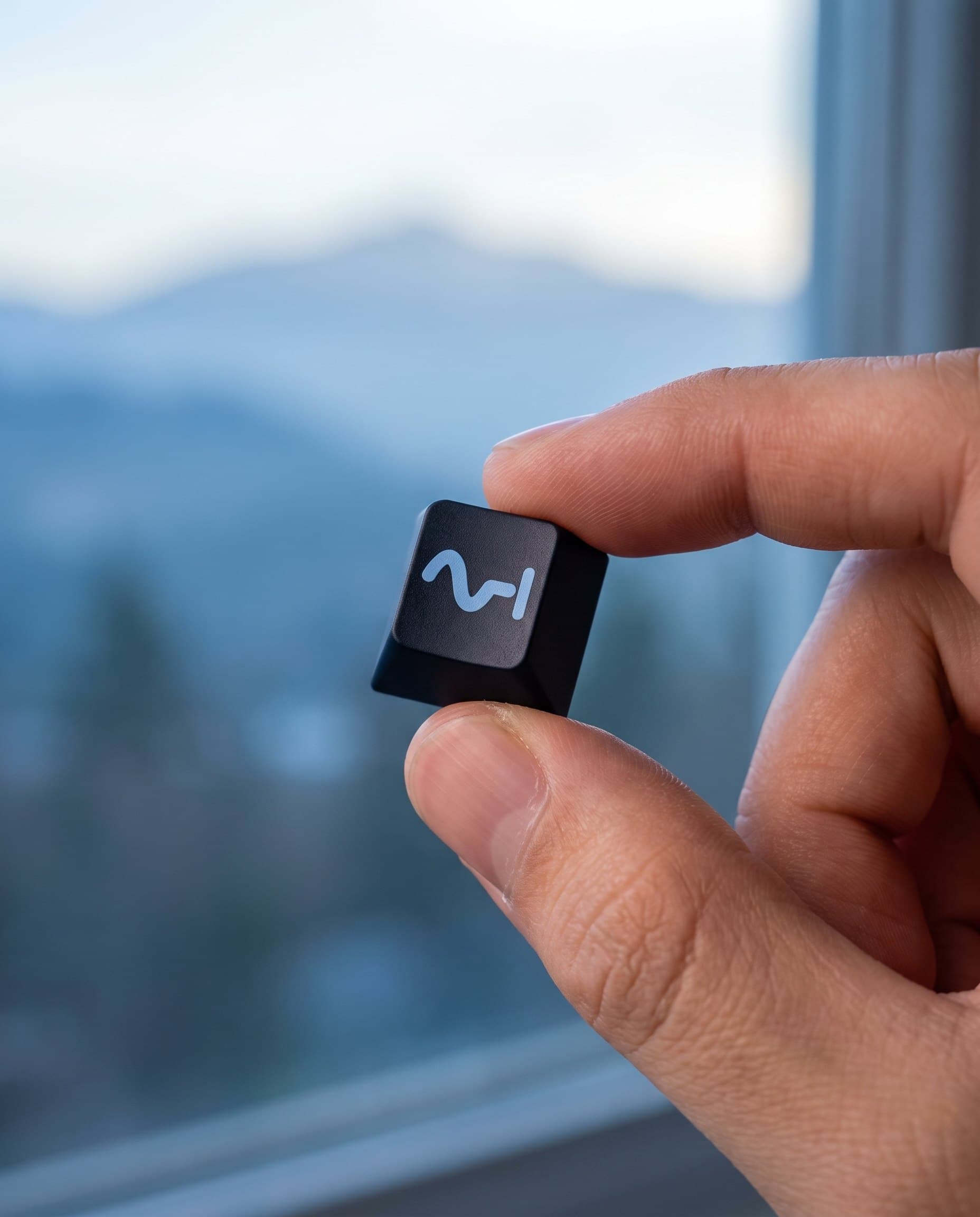 A hand holding a navy keycap printed with the mark