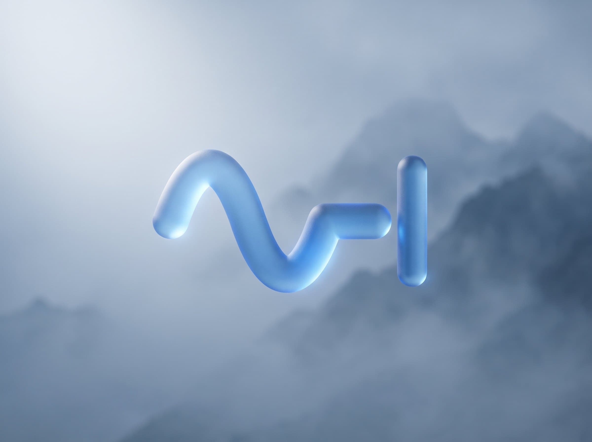 The Speaklively mark as frosted blue glass, floating in mountain fog