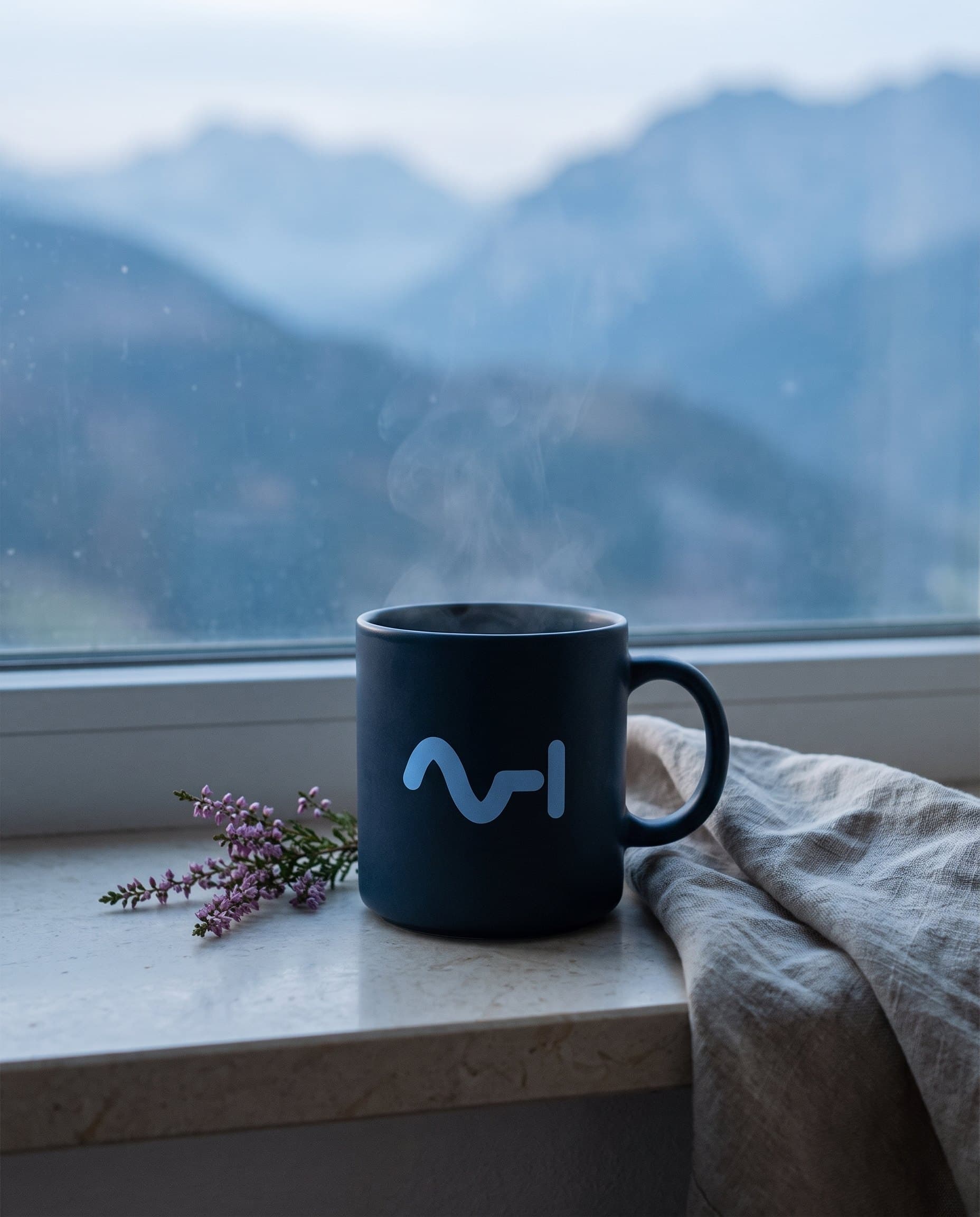 A navy mug with the mark on a stone windowsill, mountains in mist outside