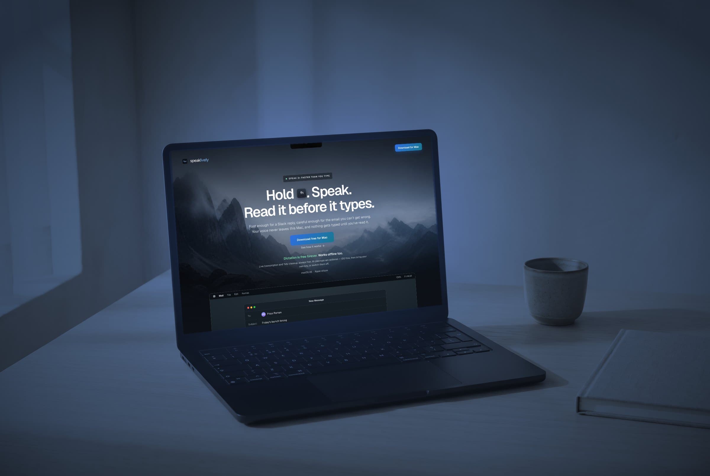 A MacBook Pro on a table at blue hour, speaklively.com glowing on its screen